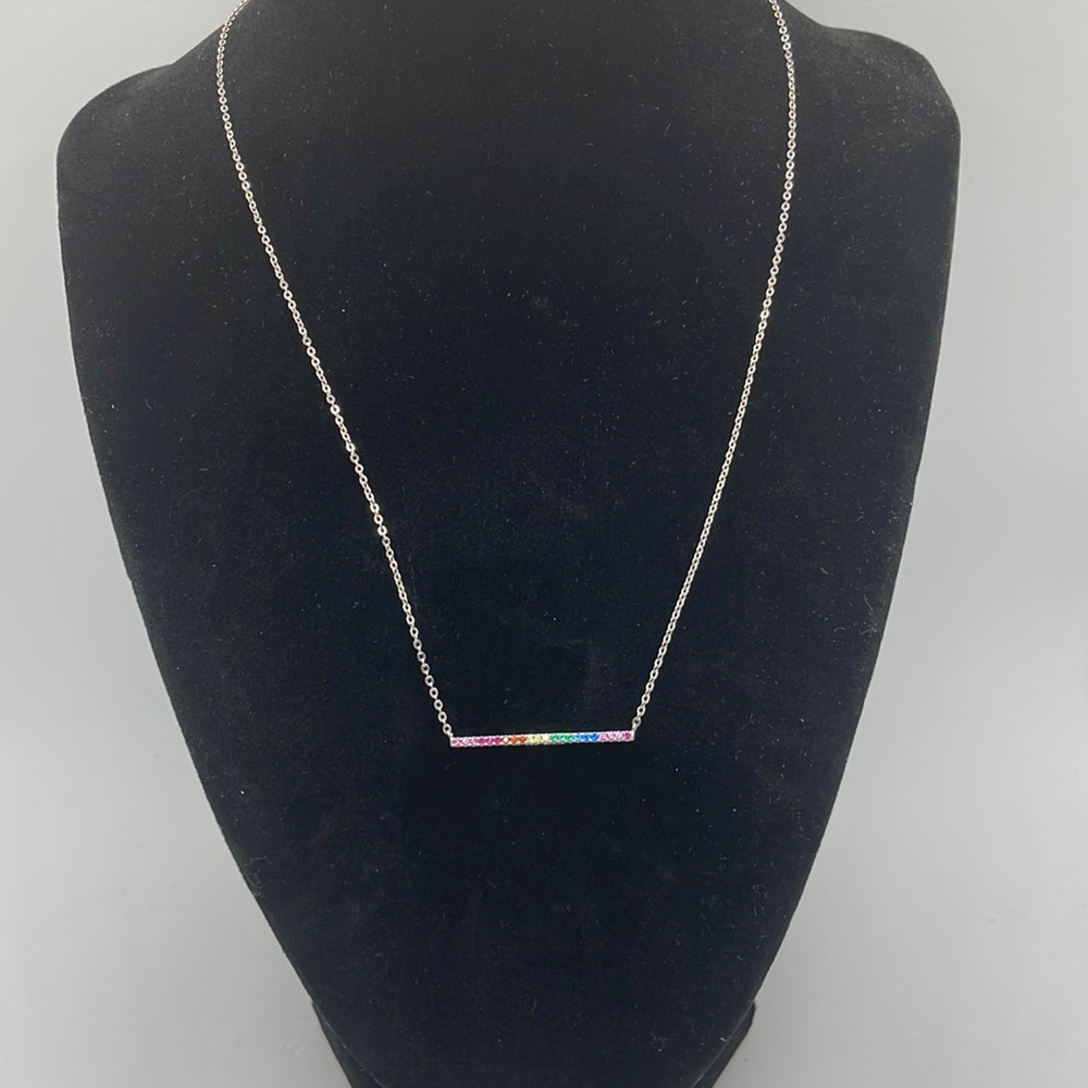Sterling Silver Rainbow Slim Bar Necklace with Cubic Zirconia